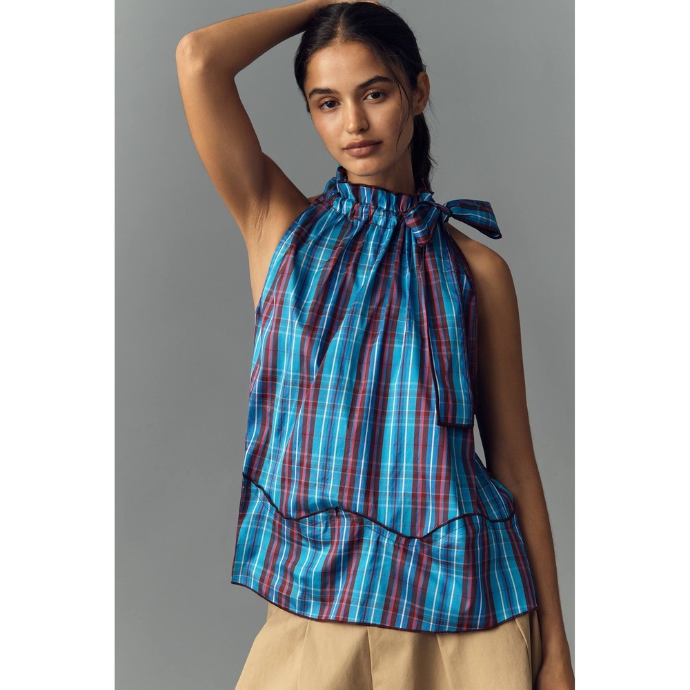 Maeve Anthropologie Blue Red Plaid Halter Neck Tie Scallop Hem Blouse Small